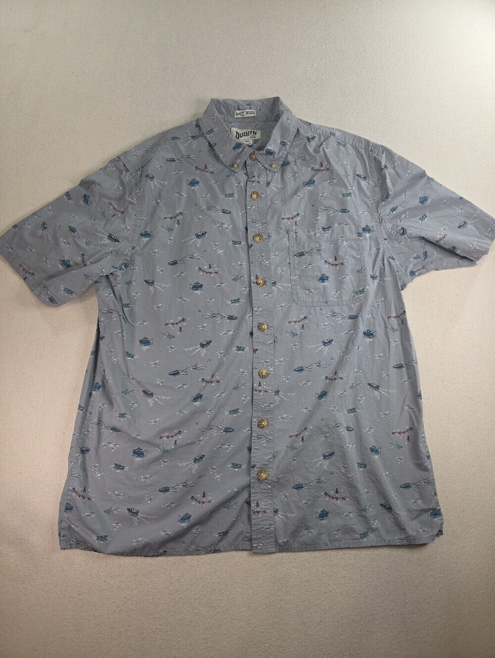 Duluth Trading Untucked Fishing Boat Print Shirt LT